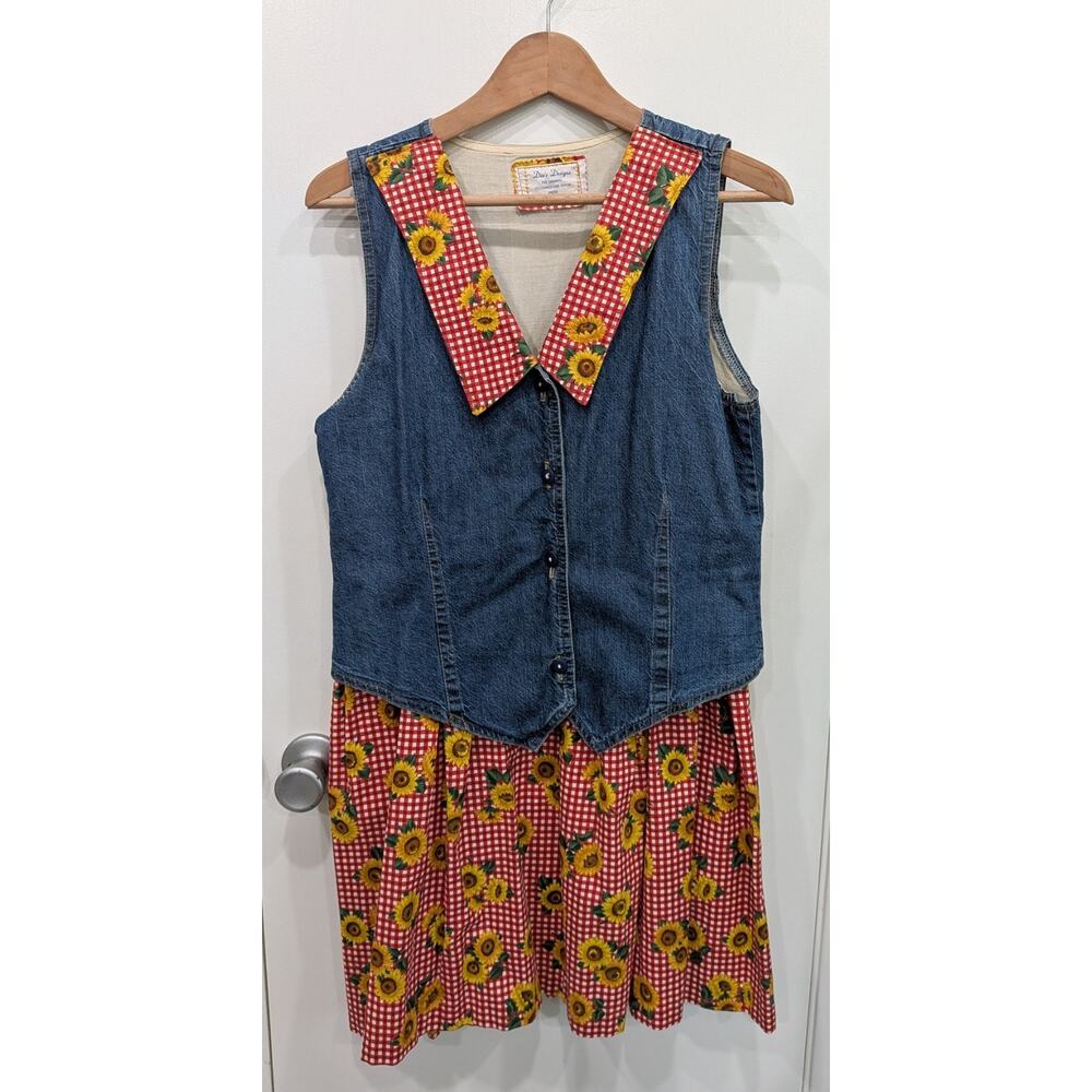 Vintage Sunflower Denim Gingham Dress Small Medium Prairie OOAK Country Western